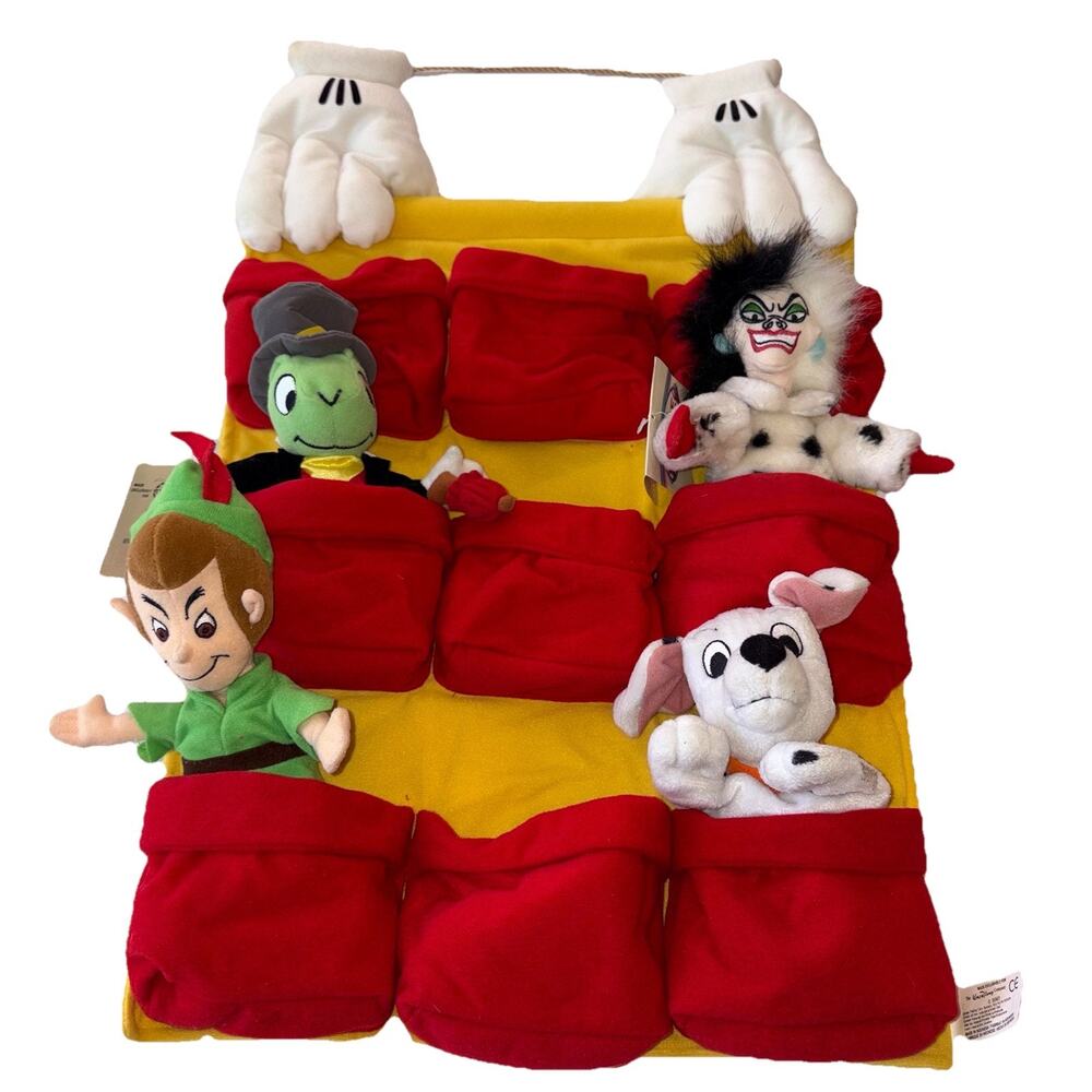 Disney Store Mickey Pocket Door Hanger + Peter Pan Jiminy Cricket Cruella Plush